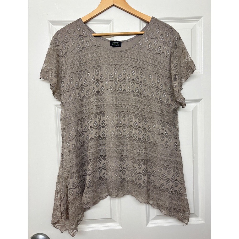 Shannon Ford New York Womens Taupe Lace Handkerchief Hem Short Sleeve Top